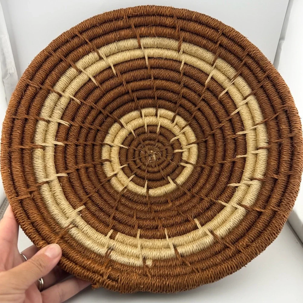 Handwoven Coiled Basket Bowl Brown Cream Boho Wall Decor Excellent
